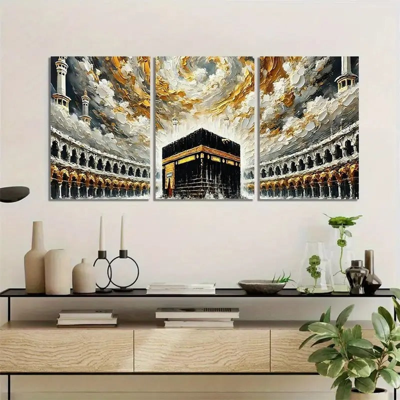 Khana Kaba Wooden Wall Art – 3 Piece Islamic Frame Set Made With Wooden Stickytile