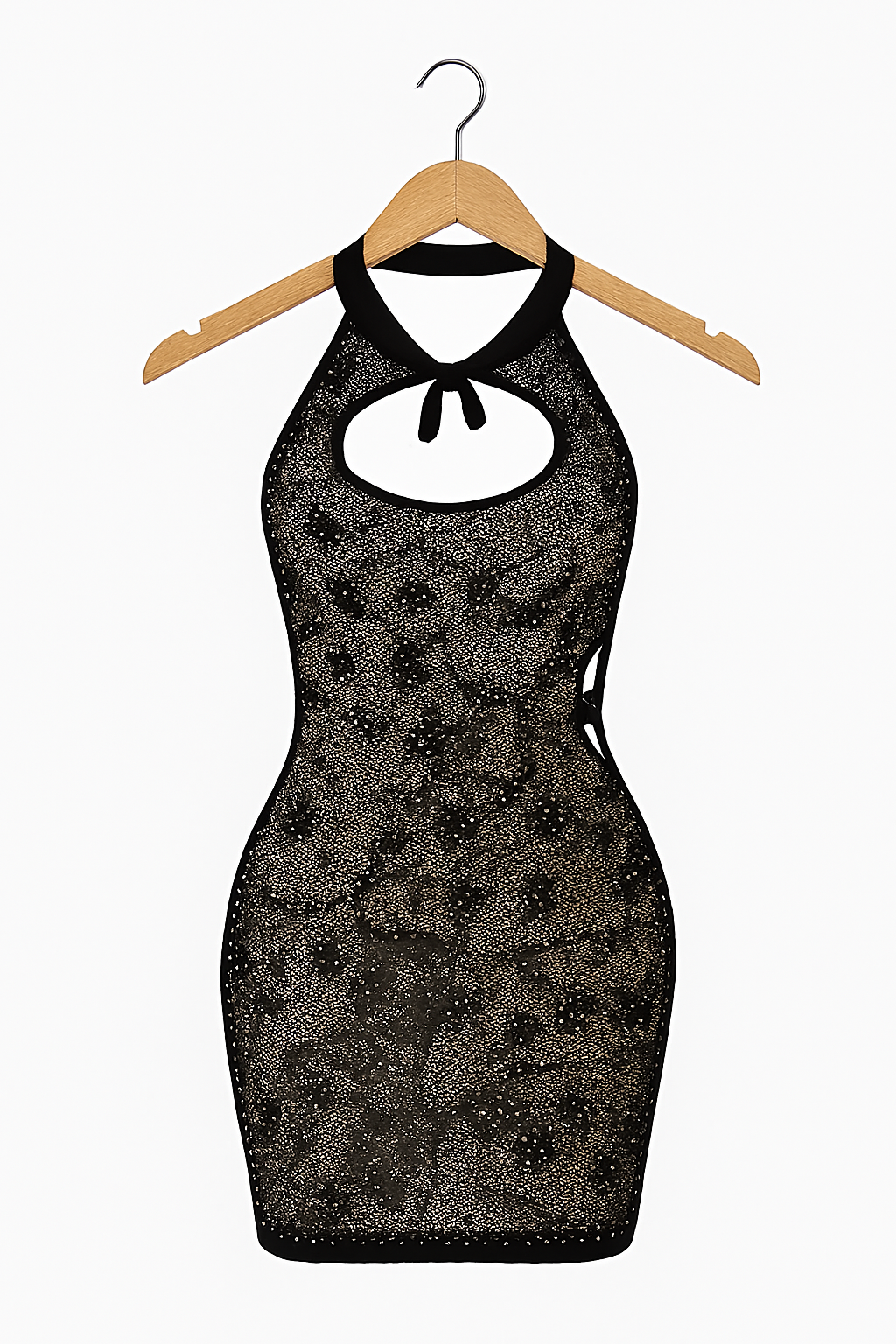 Sheer Glitter Halter Mini Dress – Keyhole Front, Open Back, Body Stocking Style