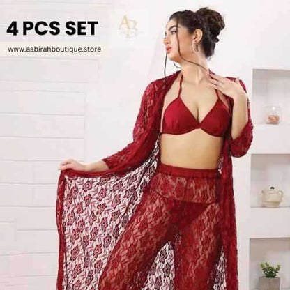 4Pcs Premium Transparent Net See Through Bridal Nighty Set