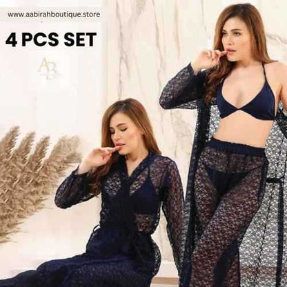 4Pcs Premium Transparent Net See Through Bridal Nighty Set