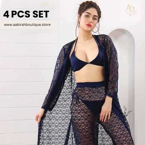 4Pcs Premium Transparent Net See Through Bridal Nighty Set