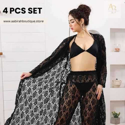 4Pcs Premium Transparent Net See Through Bridal Nighty Set