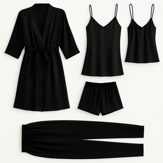 5-Piece Satin Sleepwear Set – Robe, Camisole, Shorts, Pants & Slip Dress