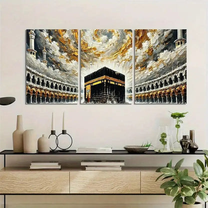 Khana Kaba Wooden Wall Art – 3 Piece Islamic Frame Set Made With Wooden Stickytile