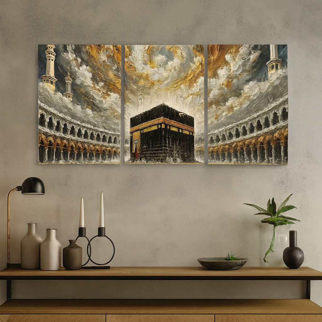 Khana Kaba Wooden Wall Art – 3 Piece Islamic Frame Set Made With Wooden Stickytile