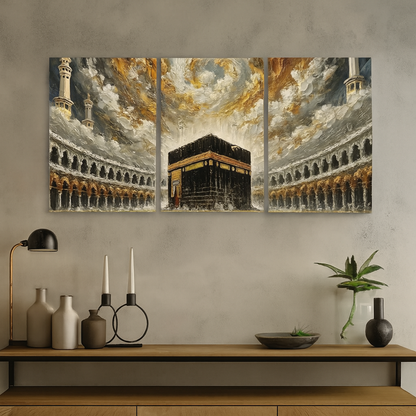 Khana Kaba Wooden Wall Art – 3 Piece Islamic Frame Set Made With Wooden Stickytile
