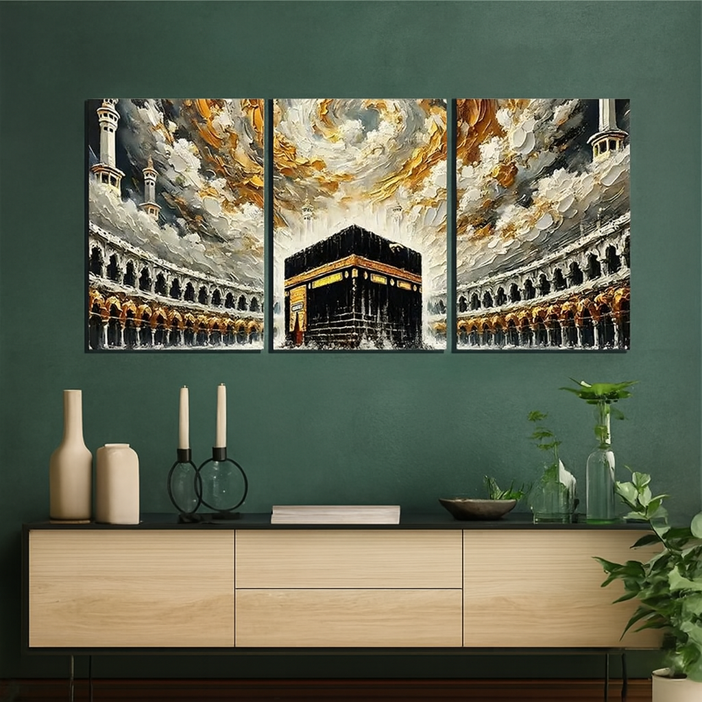 Khana Kaba Wooden Wall Art – 3 Piece Islamic Frame Set Made With Wooden Stickytile