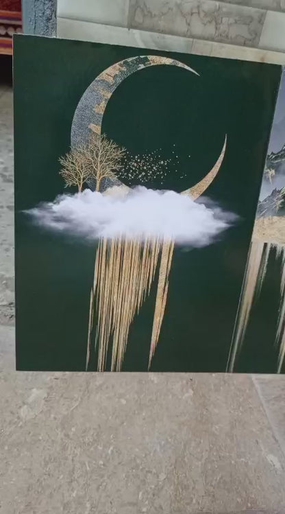 Set of 3 Wooden StickyTile Frames 8x11 – Black & Gold Wall Art with Moon, Mountains & Globe + Double Tape Included